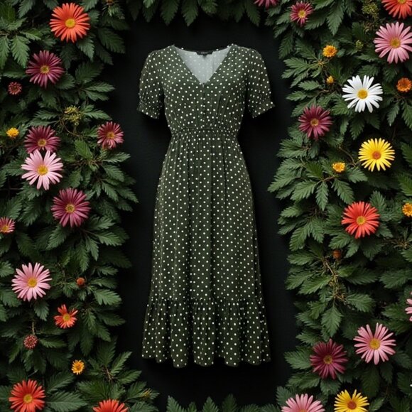 Forever 21 Green & White Polka Dotted Button Down V Neck Maxi Dress - Picture 1 of 4